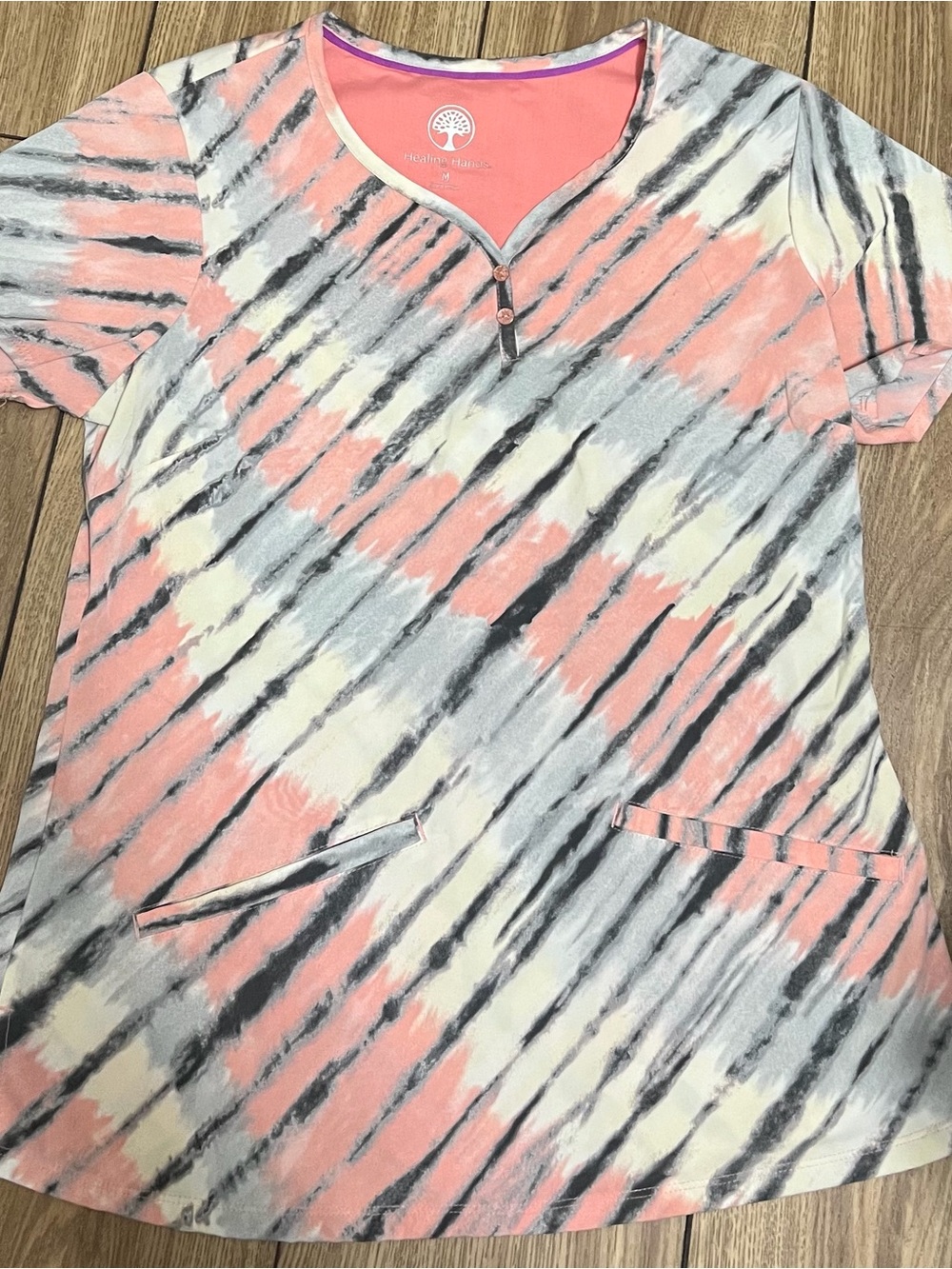 healing hands Coral, Gray & Cream Diagonal Tie-Dye V-Neck Scrub Top